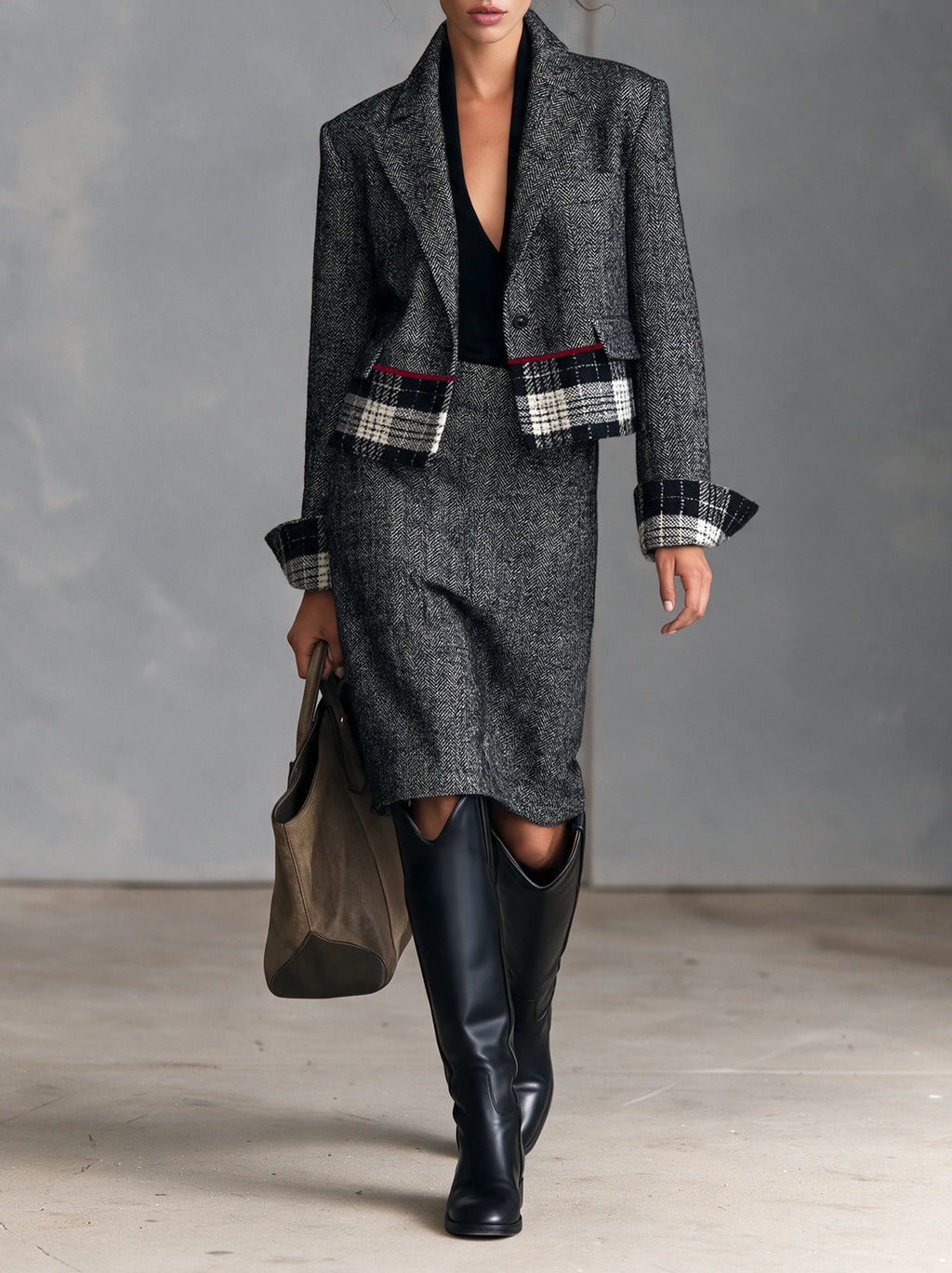Herringbone Blazer & Plaid Pencil Skirt Set
