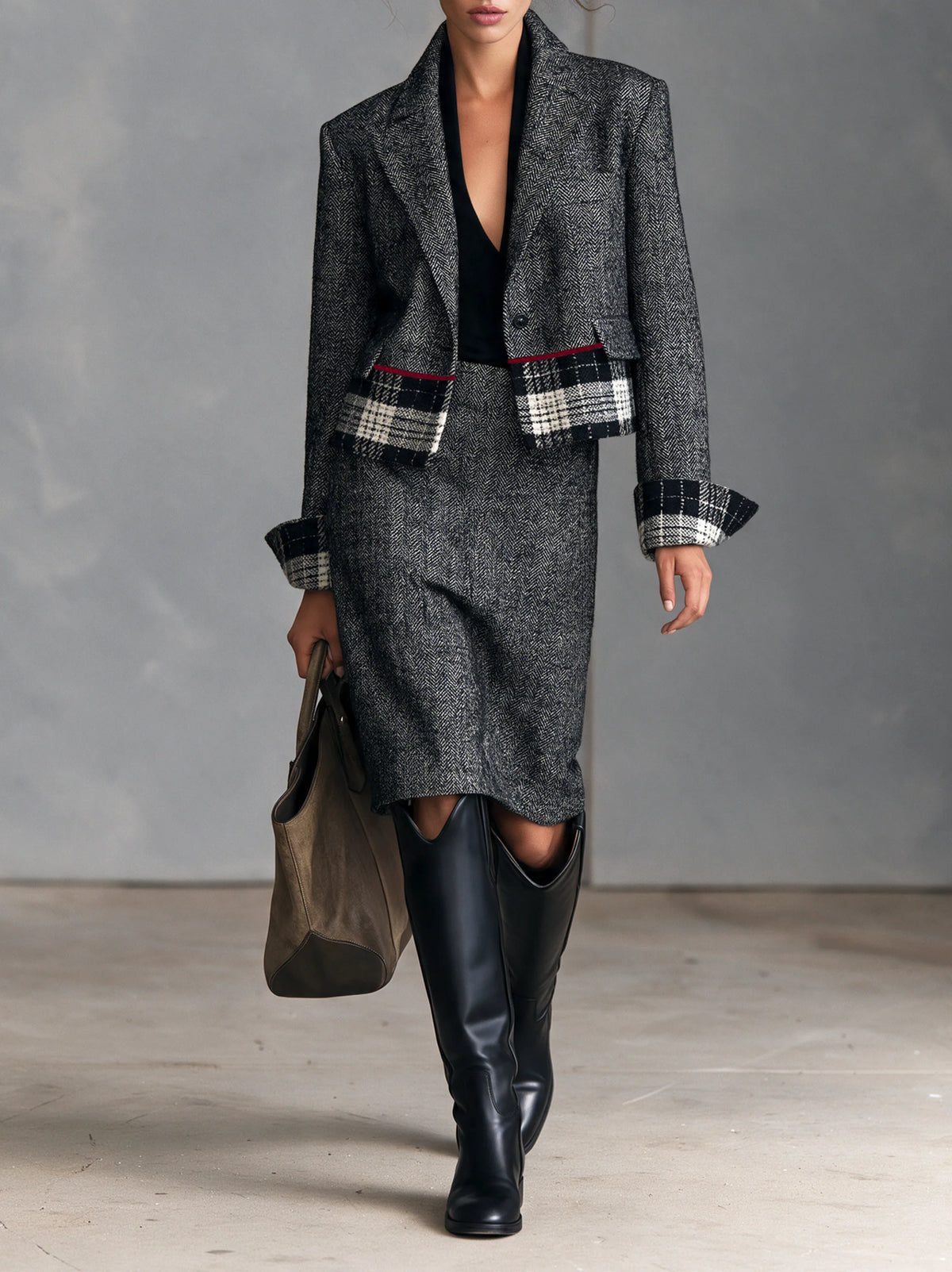 Herringbone Blazer & Plaid Pencil Skirt Set