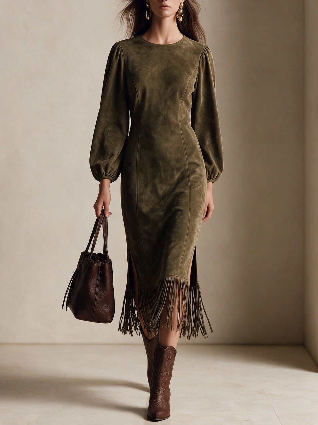Vintage-Style Elegant Faux Suede Midi Dress With Fringe