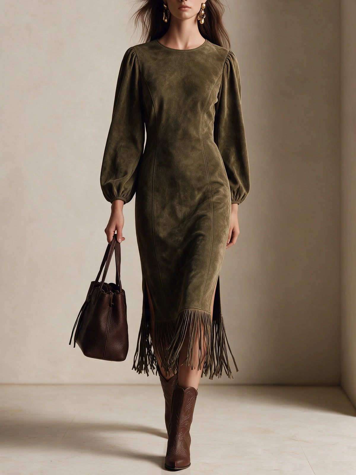 Vintage-Style Elegant Faux Suede Midi Dress With Fringe