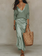 Satin Midi Dress & Matching Sweater 2-Piece Set
