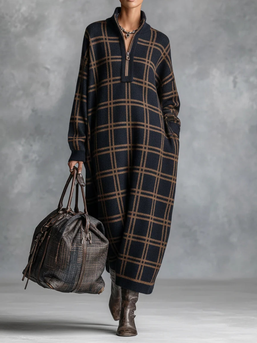 Loose Plaid Zipper Neck Knitted Maxi Dress