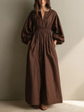 Caual V-neck Long-sleeved Maxi Dress With Elastic Waist