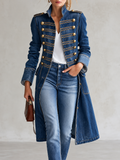 Long Tailored Military Denim Coat with Gold Buttons