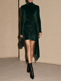 Velvet Draped High Neck and Ruched Waist Mini Dress