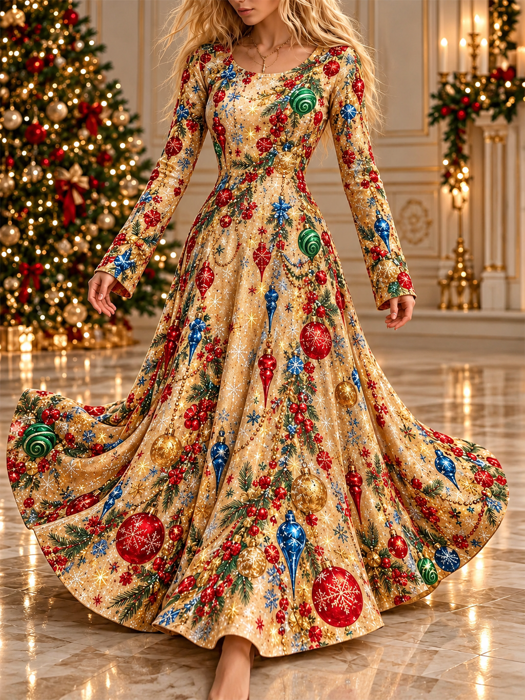 Christmas Ornament Print Maxi Dress