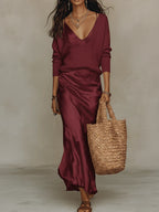 Satin Midi Dress & Matching Sweater 2-Piece Set
