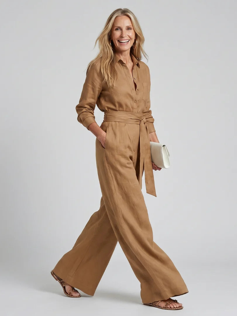 Long Sleeve Button Front Wide Leg Jumpsuit