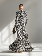 High-Neck Long Sleeve Floral Print Maxi Dress