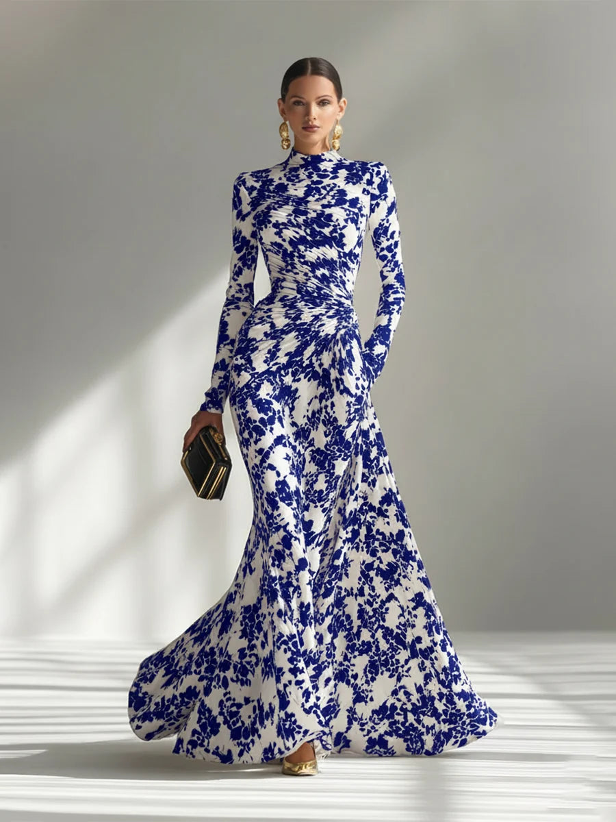 High-Neck Long Sleeve Floral Print Maxi Dress
