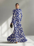 High-Neck Long Sleeve Floral Print Maxi Dress