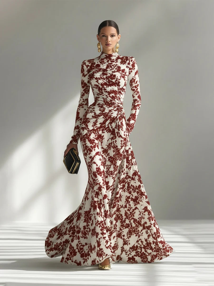 High-Neck Long Sleeve Floral Print Maxi Dress