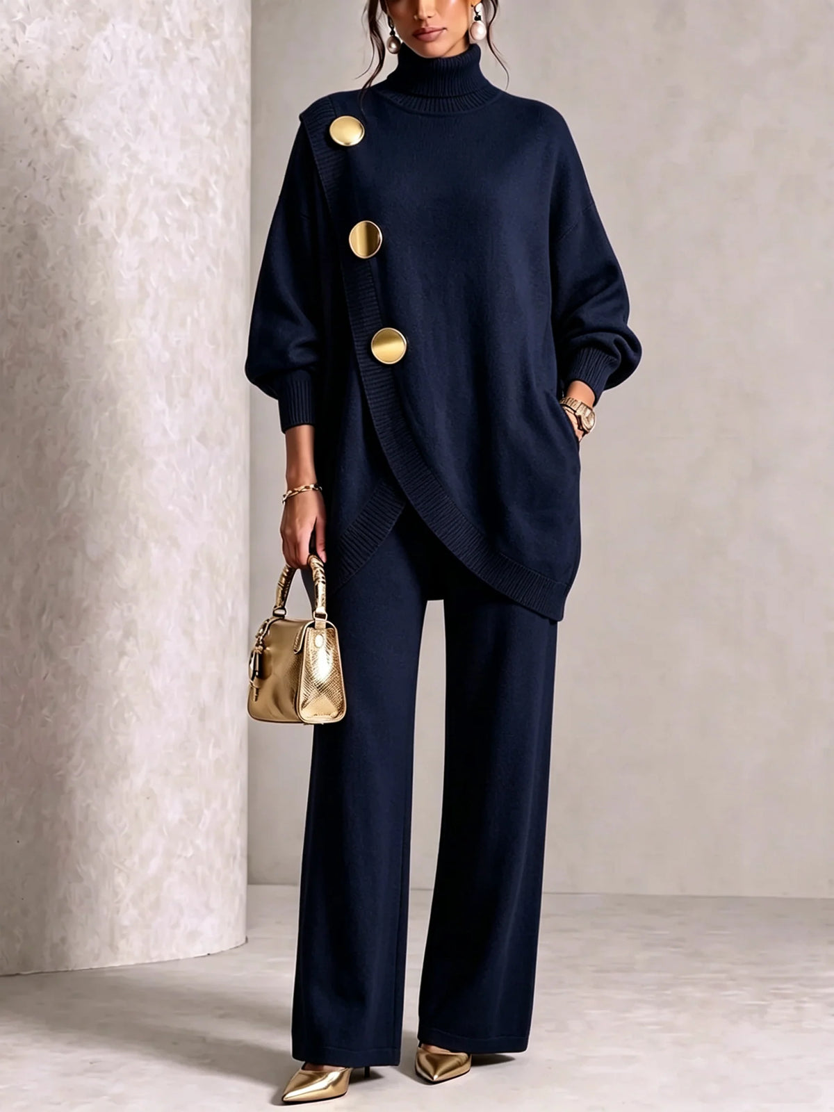Elegant Knit Asymmetrical Button Set