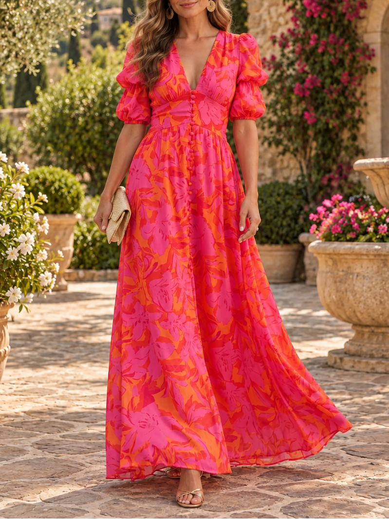 Elegant Floral Maxi Dress with Puff Sleeves