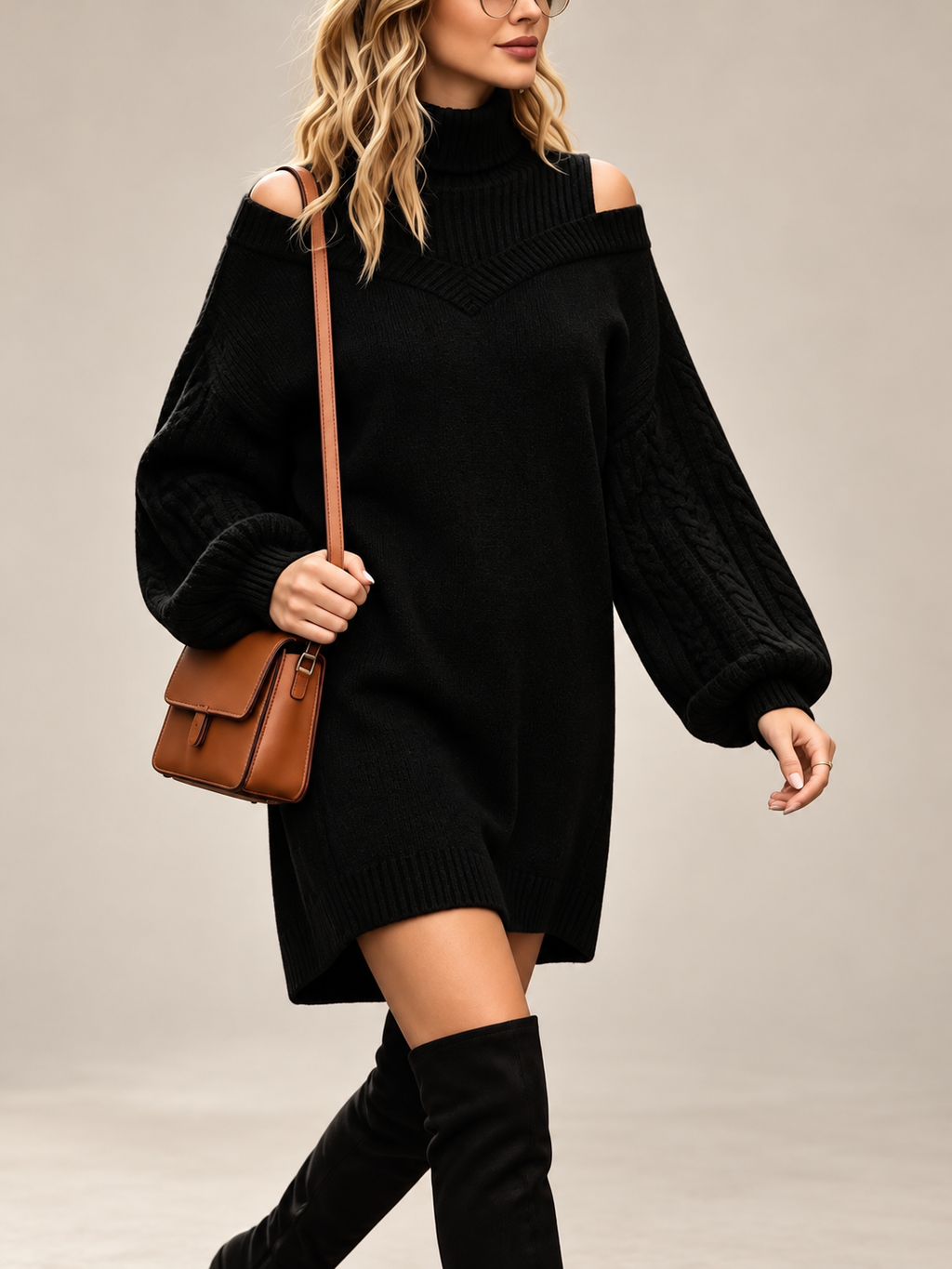Cable Knit Cold Shoulder Sweater Dress