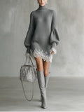 Knitted White Lace Turtleneck Comfortable Mini Dress