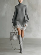 Knitted White Lace Turtleneck Comfortable Mini Dress