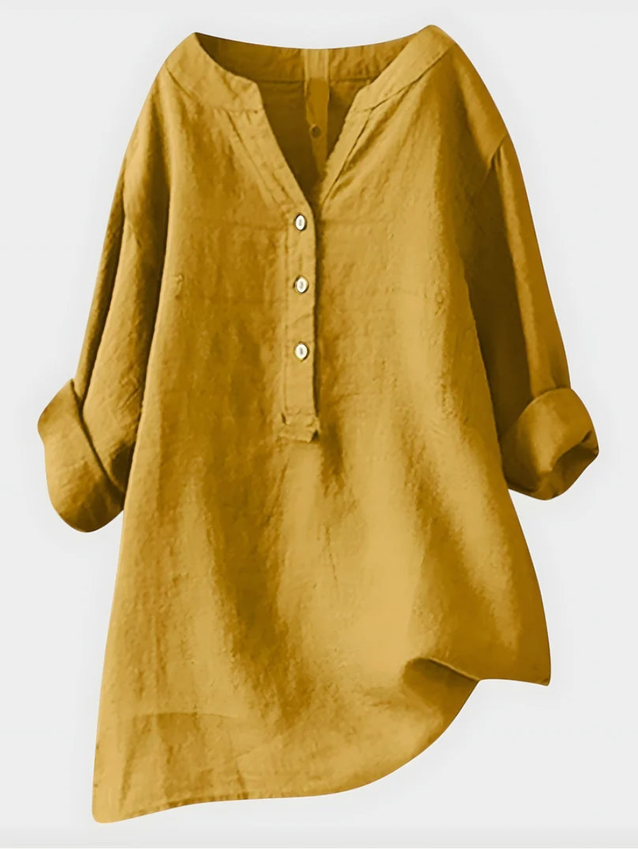 Elegant Cotton-Linen V-Neck Blouse