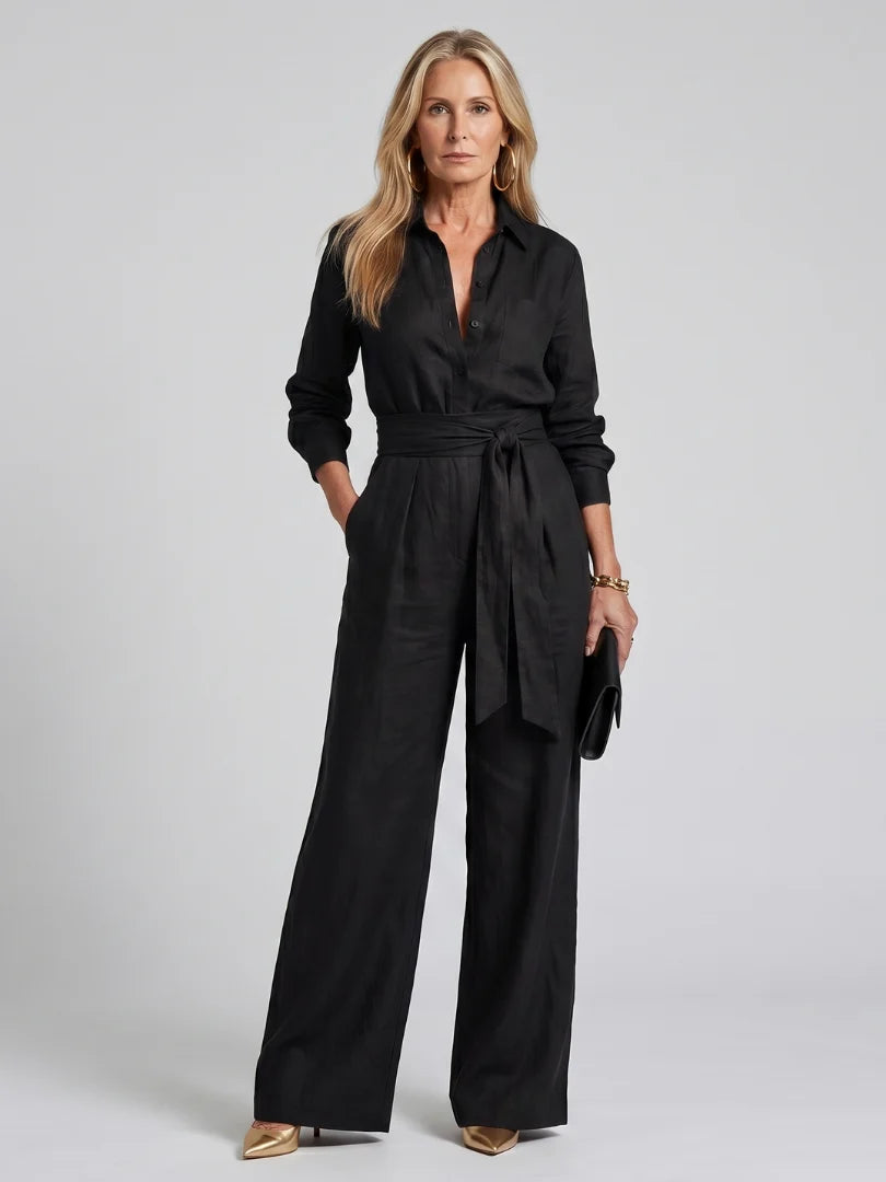 Long Sleeve Button Front Wide Leg Jumpsuit