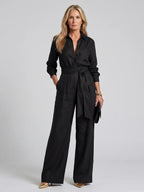 Long Sleeve Button Front Wide Leg Jumpsuit