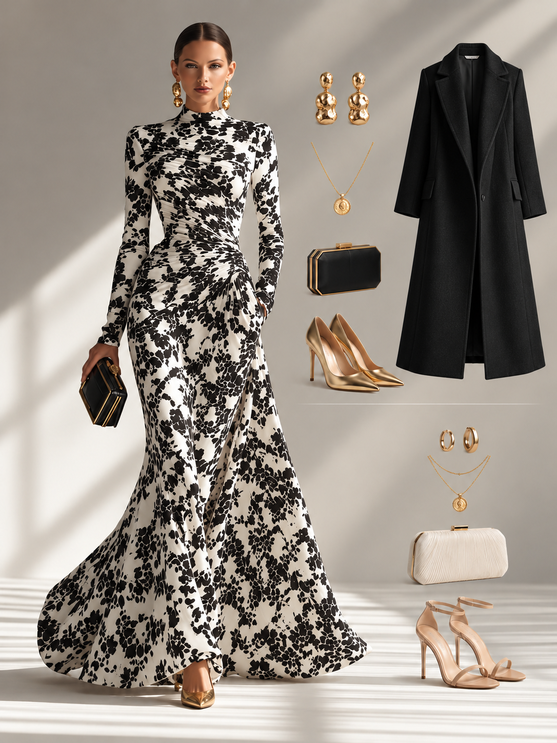 High-Neck Long Sleeve Floral Print Maxi Dress