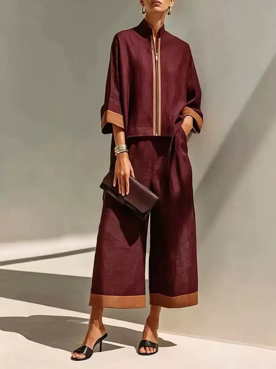 Contrast Trim Linen Set