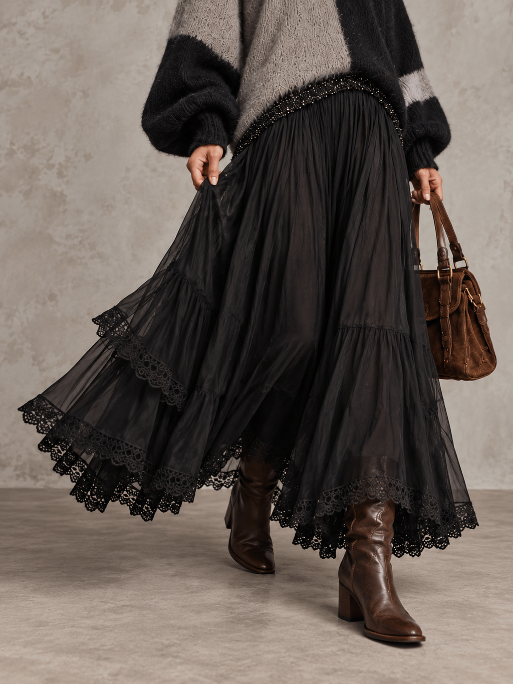 Elegant V-neck Knit And Lace Color-block Panel Maxi Dress
