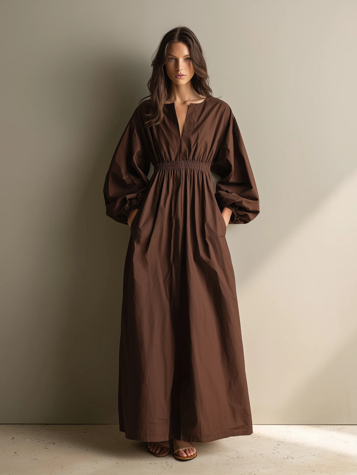 Caual V-neck Long-sleeved Maxi Dress With Elastic Waist