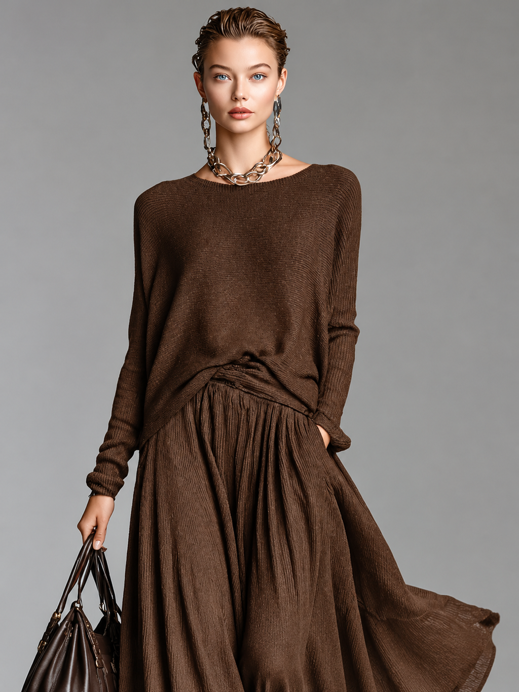 Fashion Round Neck Knitted Skirt Set