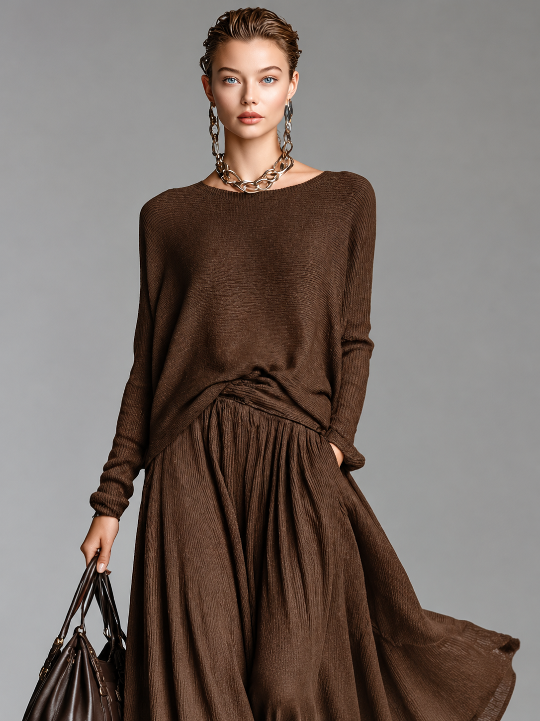 Fashion Round Neck Knitted Skirt Set