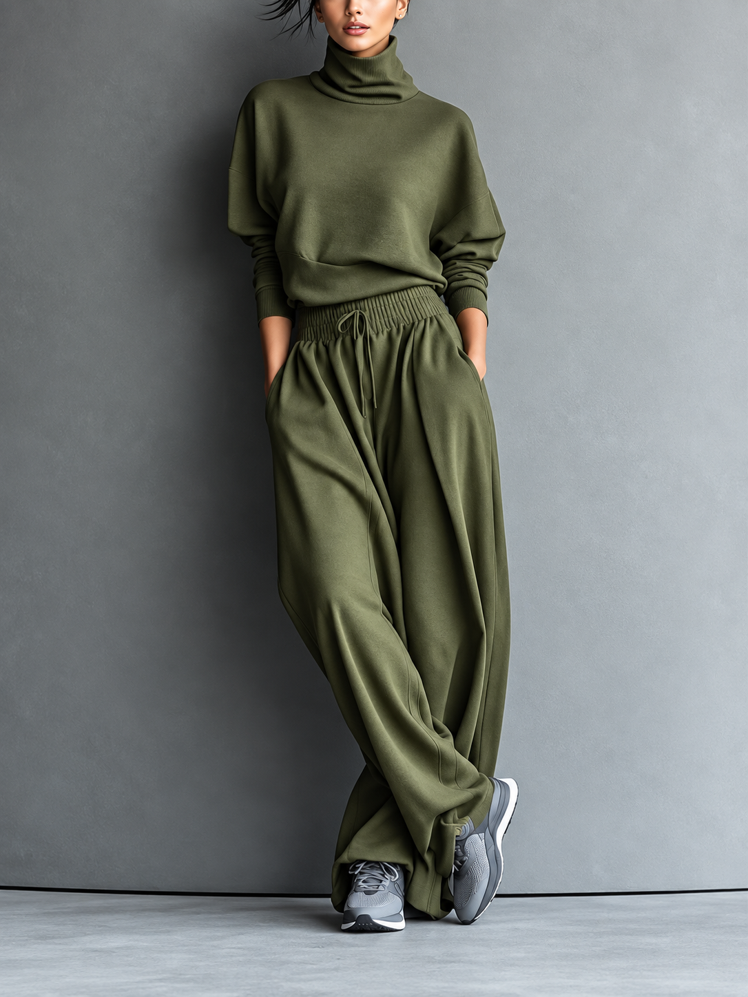 Knit Set with High Neck and Wide Leg Pants