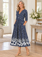 Vestido midi elegante con estampado floral, escote en V y manga al codo