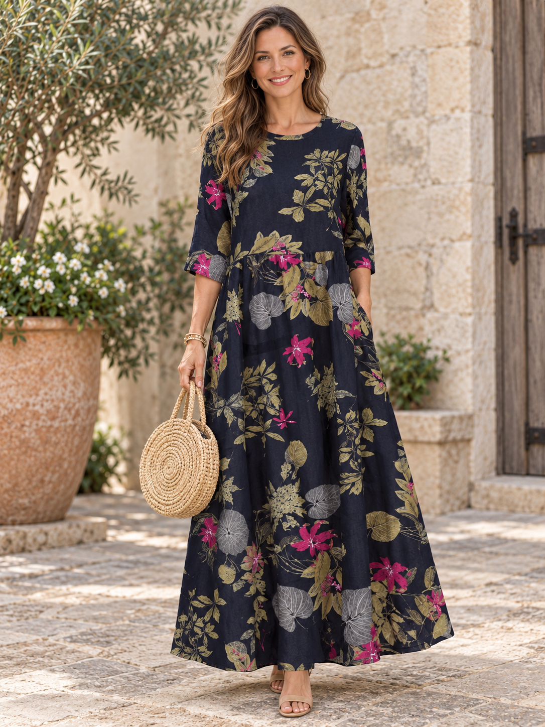 Comfortable Floral Print Half Sleeve Maxi Dress