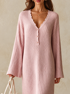 Ribbed Knit Long-Sleeve V-Neck Dress