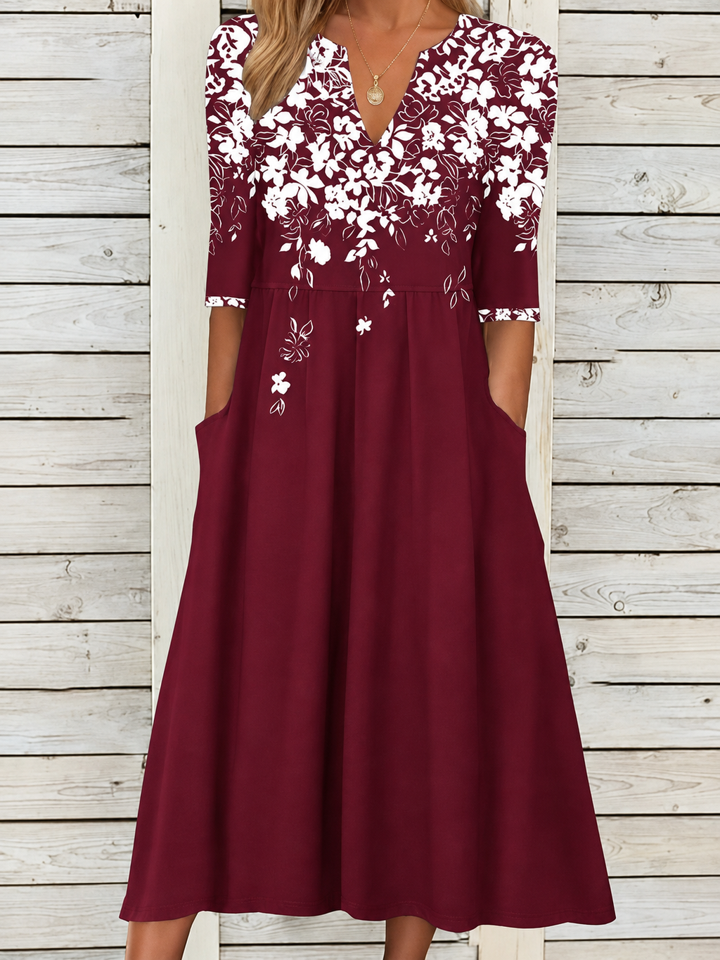 Floral Print V-Neck Relaxed Midi Dress