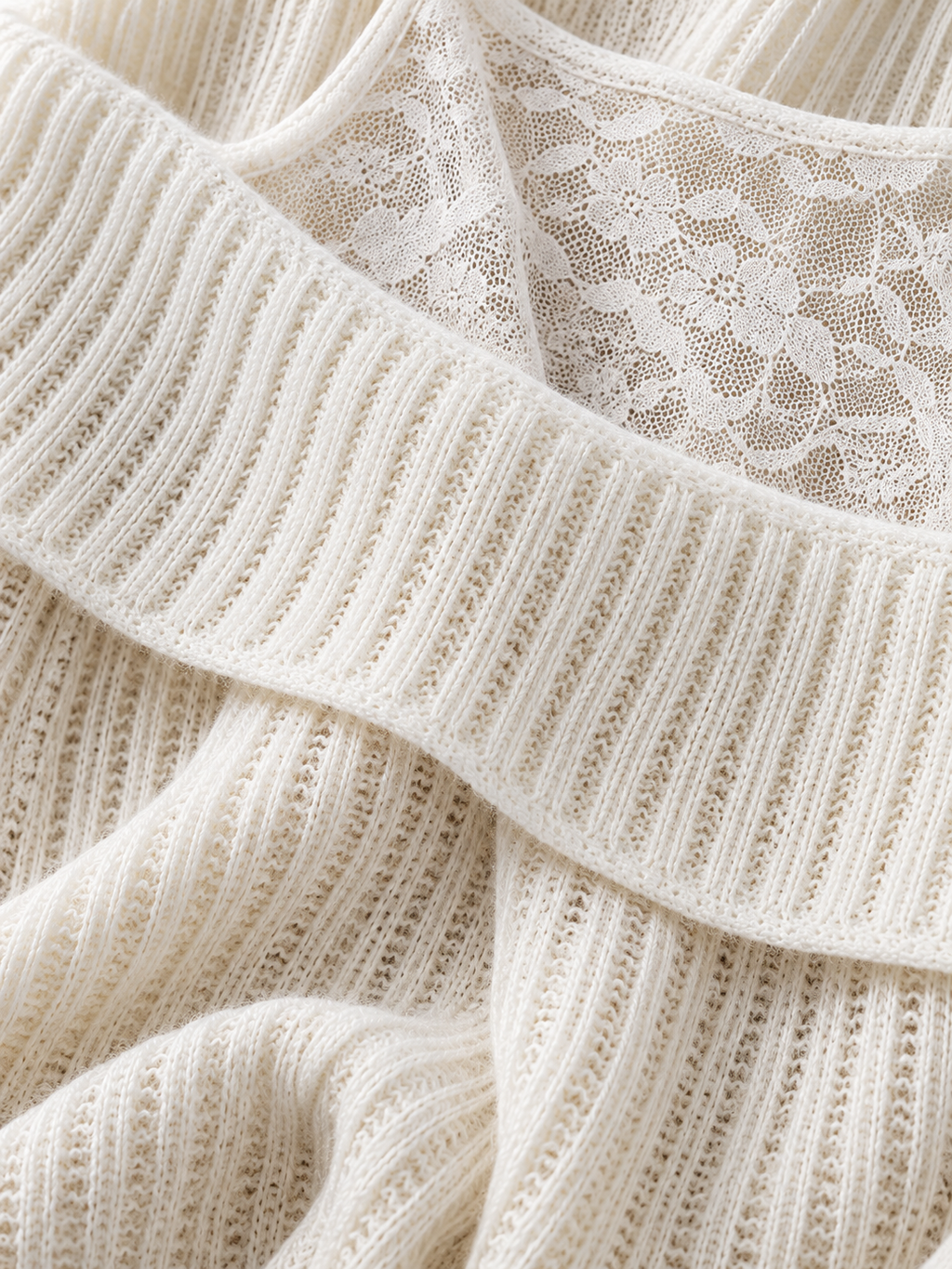 Casual White Knit Off-The-Shoulder Sweater With Lace Paneling