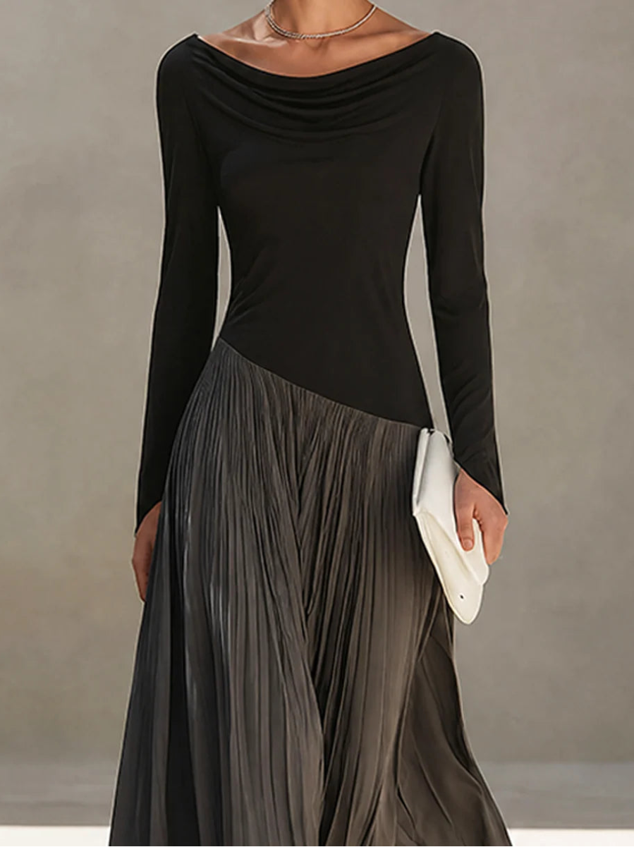 Minimalist Two-Tone Color-Block Maxi Dress With Drape Neckline