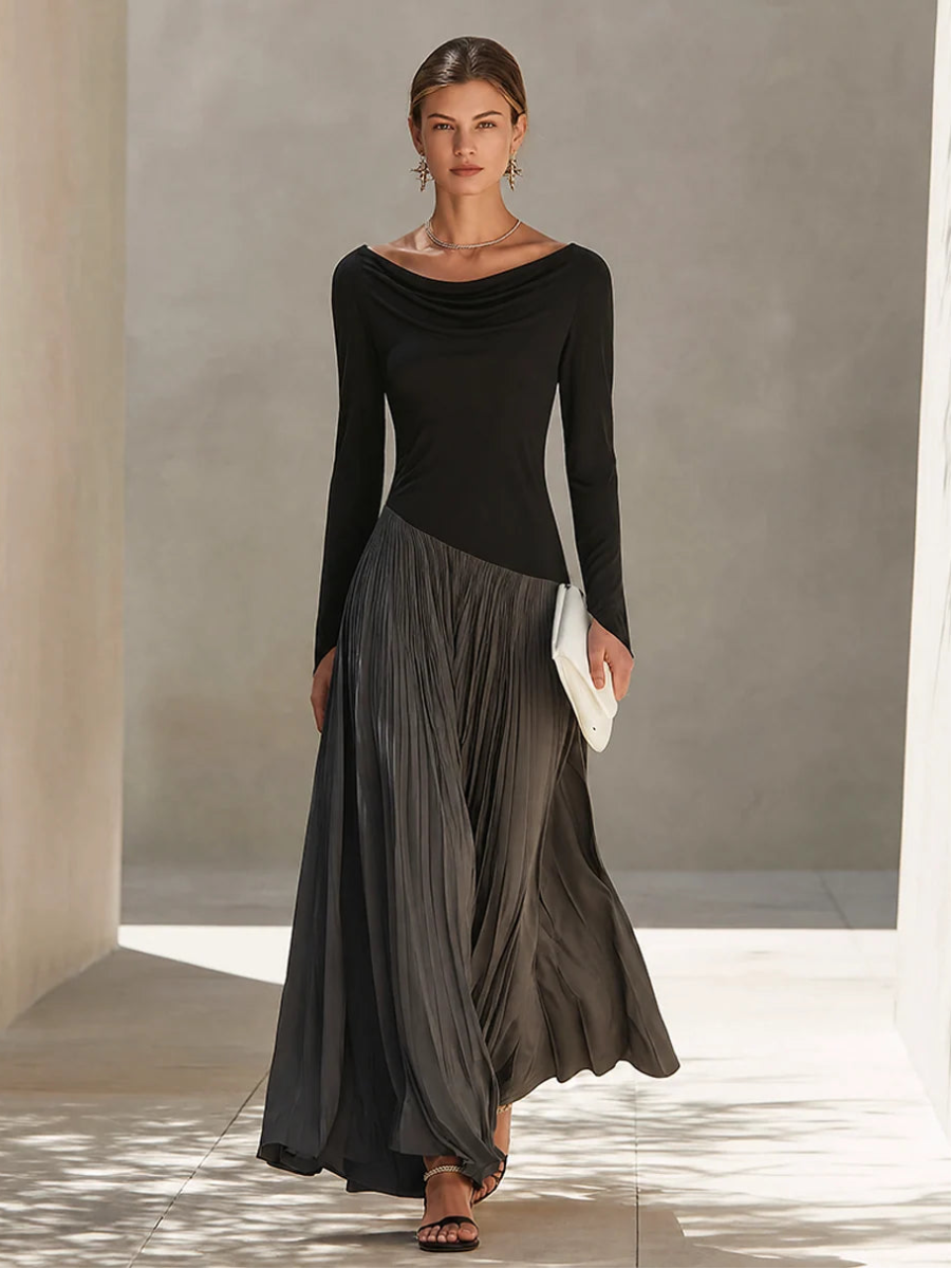 Minimalist Two-Tone Color-Block Maxi Dress With Drape Neckline