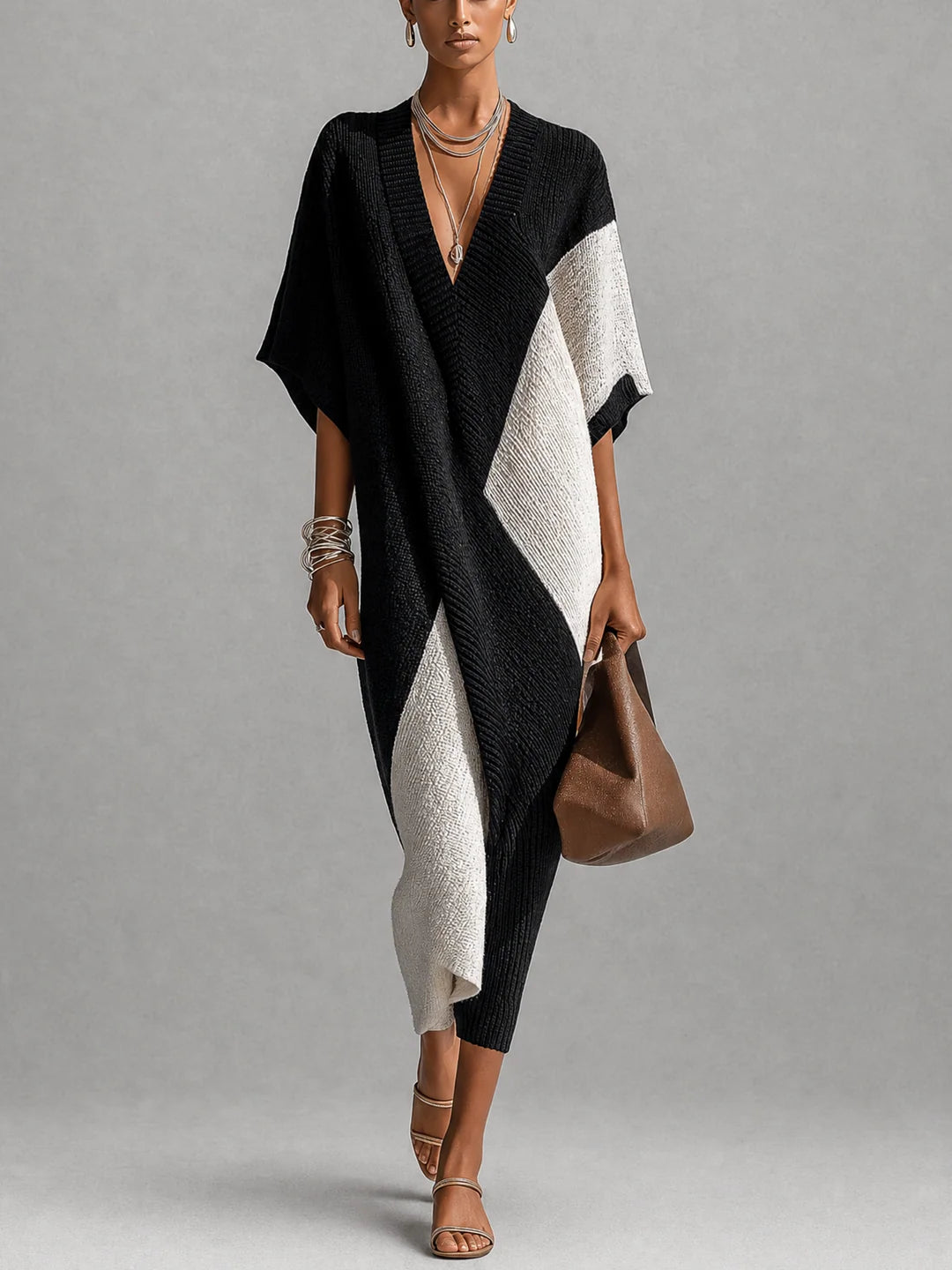 Asymmetrical Colorblock Ebony Ivory Dress