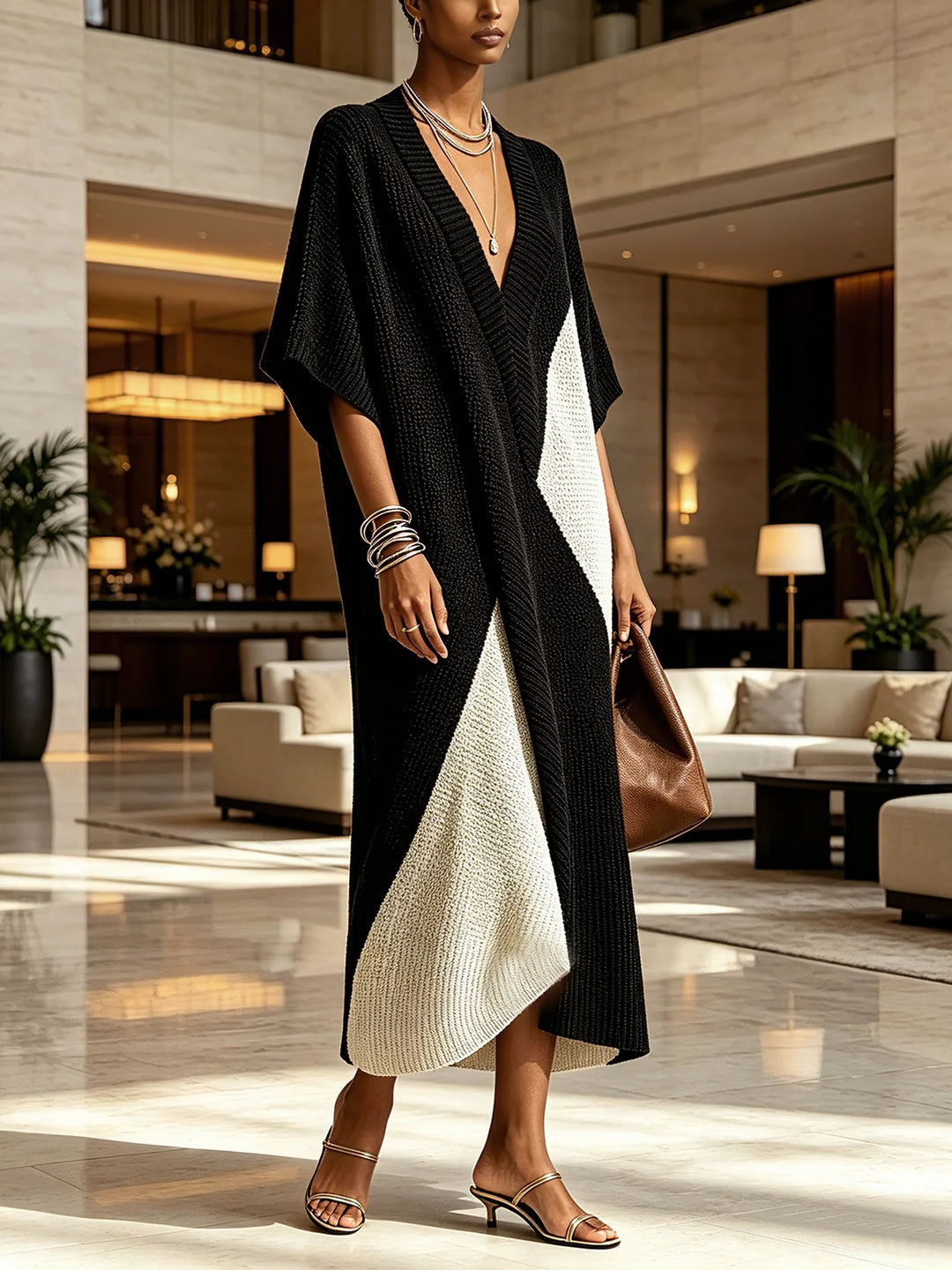 Asymmetrical Colorblock Ebony Ivory Dress