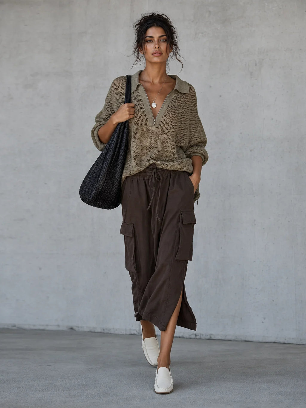 Minimalist Pointelle Half-Zip Long-Sleeve Sweater