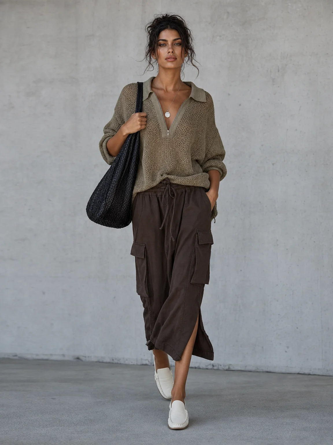 Minimalist Pointelle Half-Zip Long-Sleeve Sweater