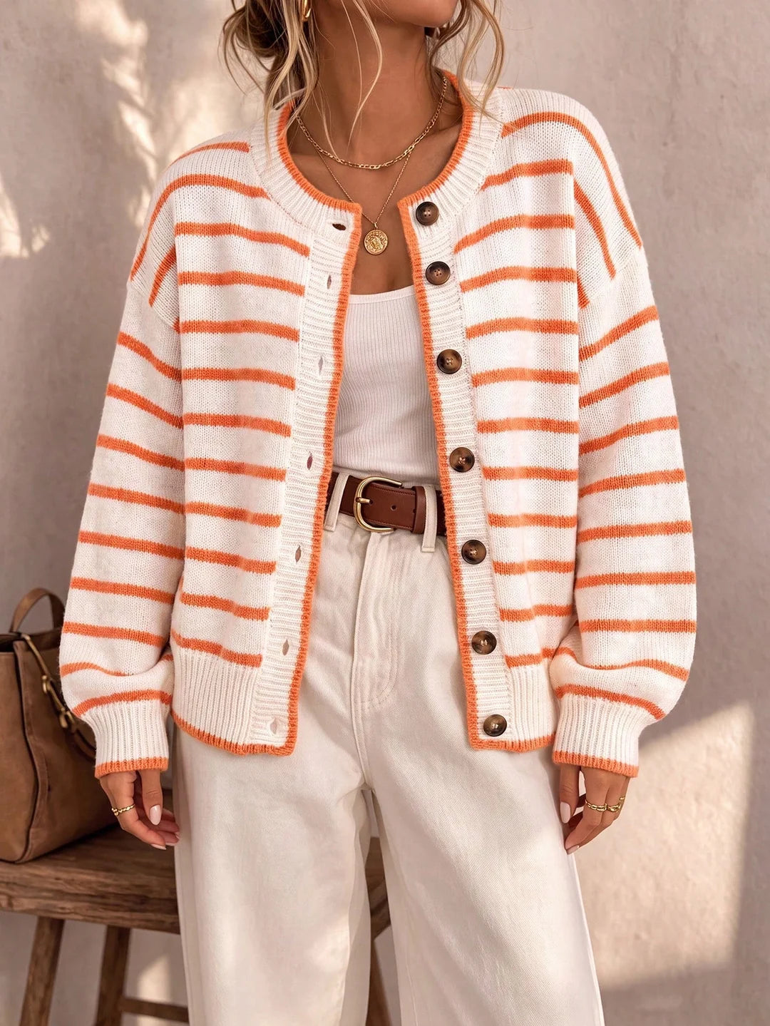 Contrast Trim Striped Knit Cardigan