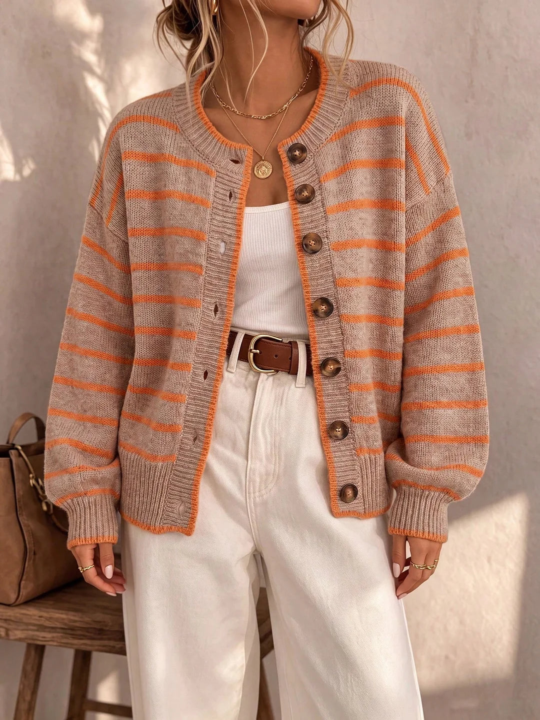 Contrast Trim Striped Knit Cardigan