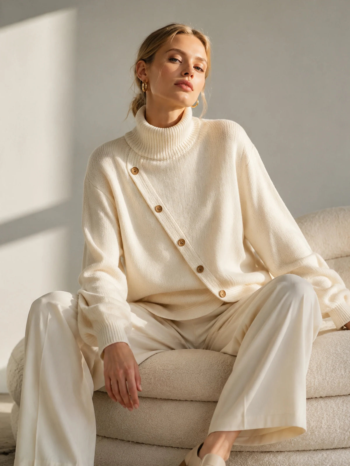 Turtleneck Knit Sweater With Diagonal Wooden Button Detail