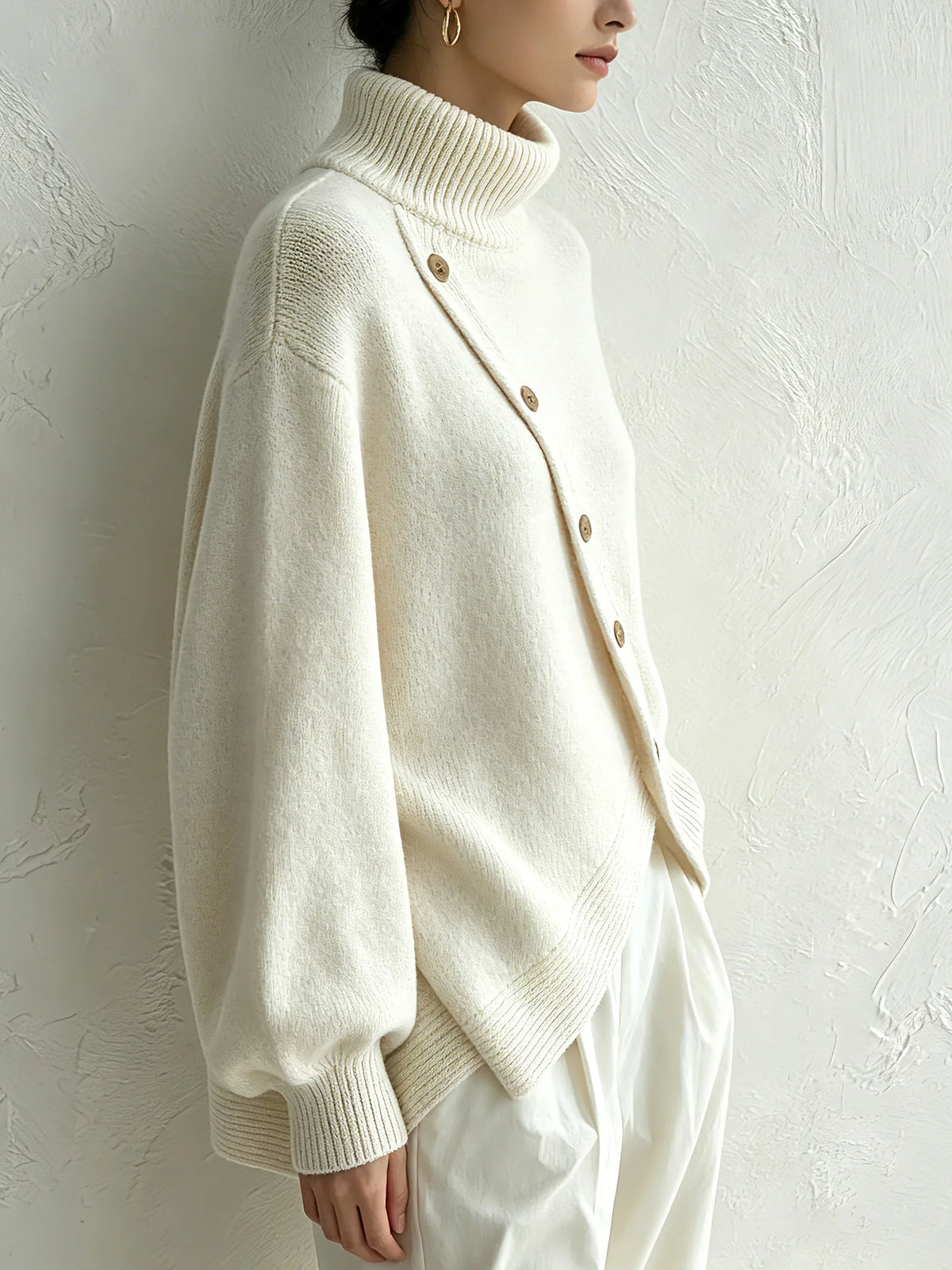 Turtleneck Knit Sweater With Diagonal Wooden Button Detail