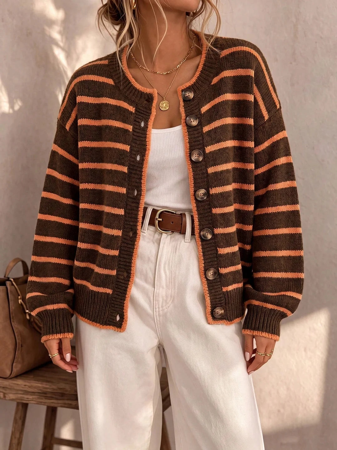 Contrast Trim Striped Knit Cardigan