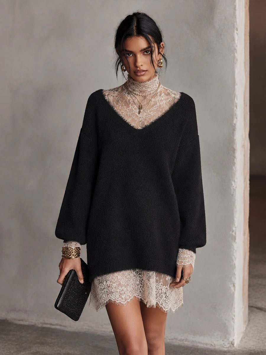 Lace Trim Elegant Knit Mini Dress