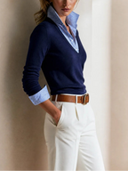 Navy Knit Collared Fake‑Layer Pullover Sweater