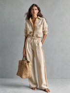 Khaki Cotton-Linen Shirt And Trousers Two-Piece Set